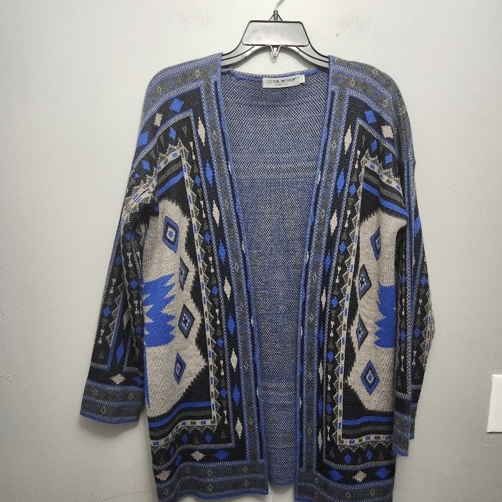 Cotton emporium women's open front cardigan sweater size large blue geom…